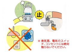 ガスが漏れたら、換気扇、電気のスイッチ、コンセントには絶対触らないでください。